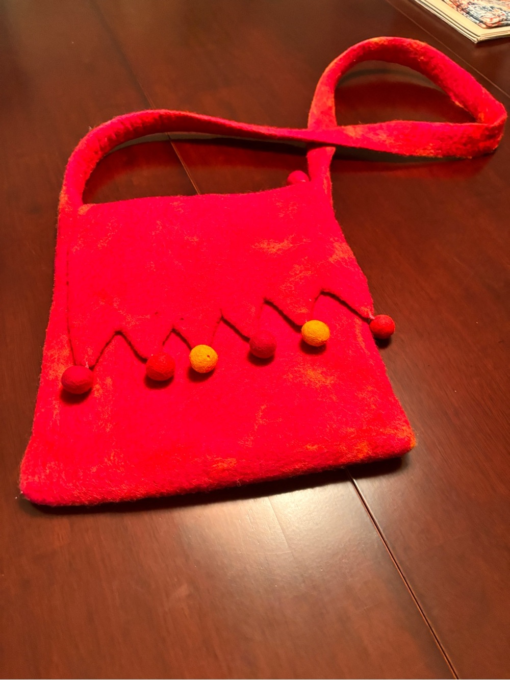 Bright Red Felt Crossbody Bag with Pom Pom Accents